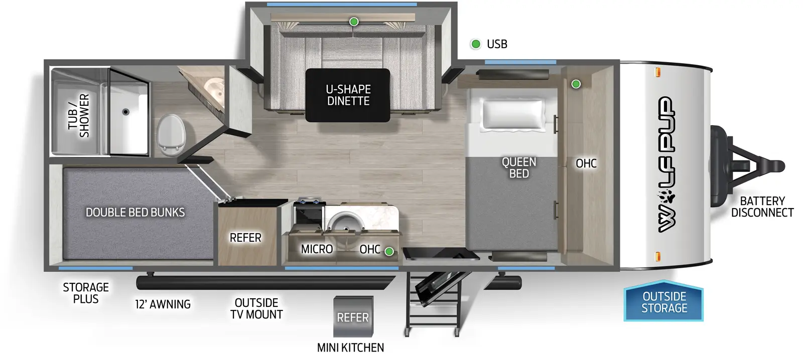 The Wolf Pup 17JW floorplan has one entry and one slide out. Exterior features include: metal exterior, 12' awning and outside kitchen. Interiors features include: bunk beds, u-dinette and front bedroom.